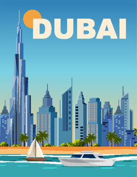 Flat Vector Travel Poster of Dubai Skyline with Burj Khalifa and Boats