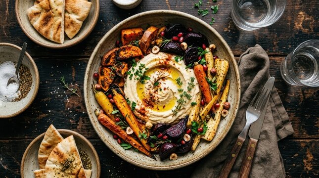 Healthy roasted root vegetables and creamy hummus served with pita bread and fresh herbs