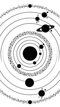 Solar System Orrery, Planets Orbiting Sun, Space Illustration