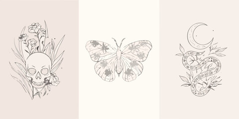 Floral Skull Butterfly And Snake Triptych Line Art Illustration © Sukla