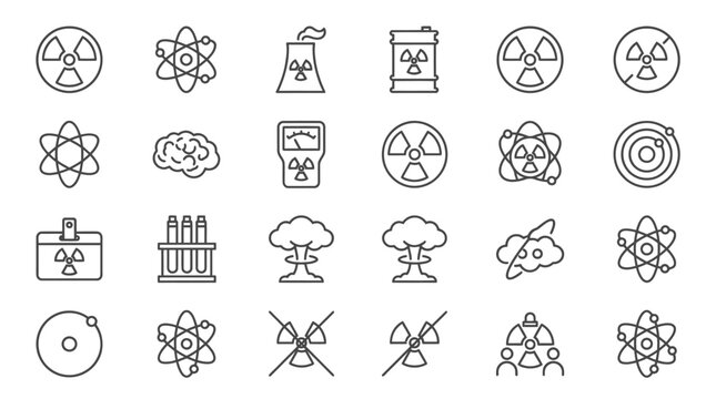 Atomic Energy and Science Icons: Nuclear Power, Research, Radiation Symbols