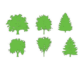 Green tree silhouettes collection, set of 6 flat vector tree icons, organic forest plant shapes for landscape design and environmental mapping © jindu