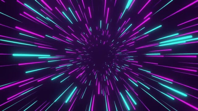 Abstract Neon Light Tunnel with Purple and Cyan Streaks Moving at High Speed