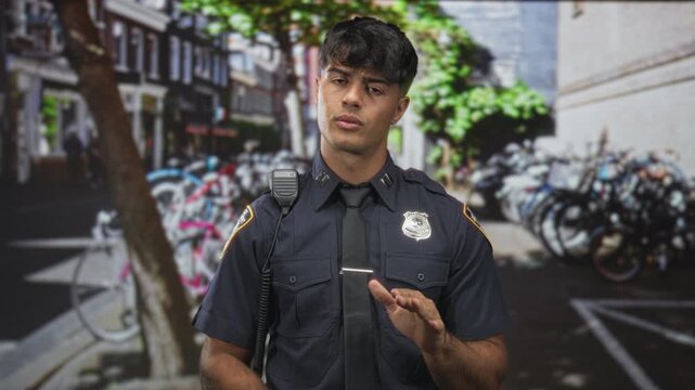 Young man police officer gestures with hands, palms visible on street near parked bicycles and tree; duty professionalism calm.