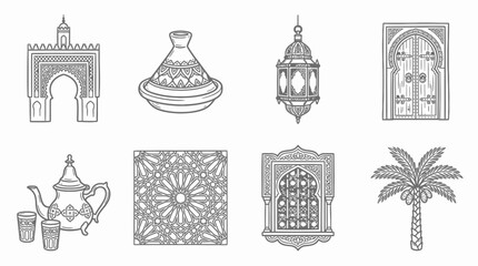 Moroccan Icons: Archway, Tagine, Lantern, Door, Teapot, Pattern, Window, Palm © Labib