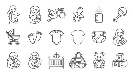 Fototapeta premium Baby Icons Set: Newborn, Pregnancy, Motherhood, Stork, Pram, Toys, Clothes