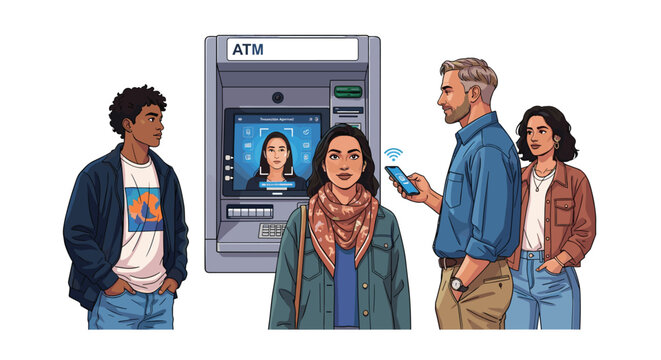 Diverse group of people standing near a modern bank automated teller machine while using mobile devices to complete secure financial transactions in a bright setting.