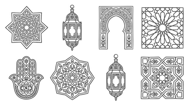 Moroccan Geometric Patterns & Islamic Ornaments: Lanterns, Arch, Hamsa