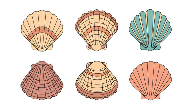 Collection of six stylized scallop shells in various pastel colors and patterns.