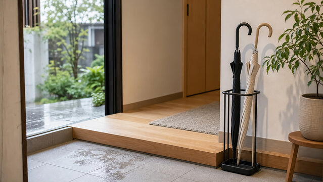 雨の日の玄関と傘立て