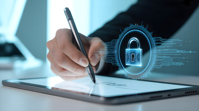 Businessman signing a digital document on a tablet with a holographic padlock icon representing cybersecurity and data protection
