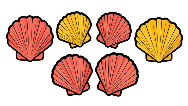 A collection of colorful scallop shells arranged in a pleasing pattern on a white background.