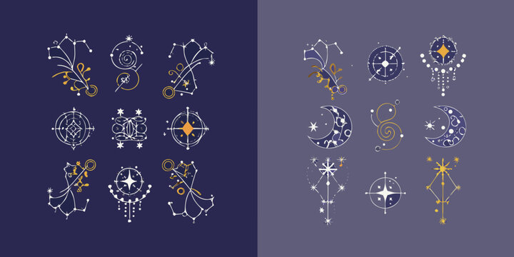 Zodiac Symbols And Botanical Elements Vector Illustration On Dark Background