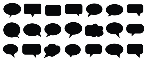 Fototapeta premium Collection of blank black speech bubbles and thought bubbles in various shapes. dialog clouds, text boxes, message balloons, communication elements, graphic 