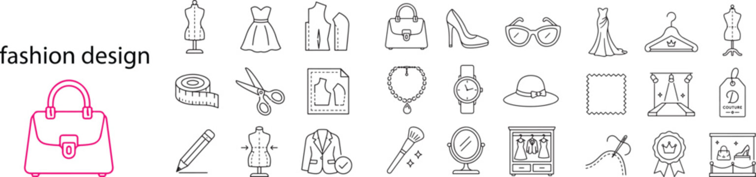 Fashion Design and Haute Couture Apparel Linear Vector Icon Set Featuring Luxury Handbag, Tailor Mannequin, Sewing Dress Patterns, Designer Watch, and Runway Catwalk