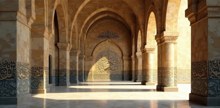 Calligraphy and Arabic script adorn the walls of the mosque in elegant cursive, calligraphy, islamic calligraphy, ornate details