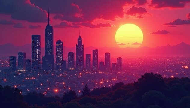 Cityscape at sunset with neon skyscrapers and a massive sun in the background , futuristic, cityscape, synthwave