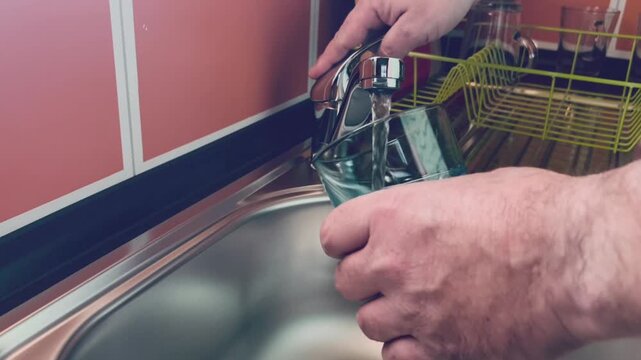 Ein Mann f&uuml;llt ein Glas mit Leitungswasser