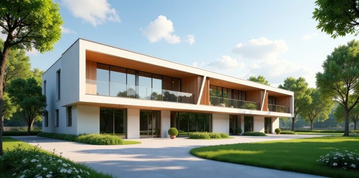 Contemporary School Building with Minimalist Landscaping, clean lines, modern materials, modern architecture