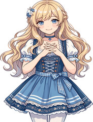 Fototapeta premium Beautiful anime girl character with blonde hair wearing a blue lolita dress vector illustration isolated on white background for manga fashion print