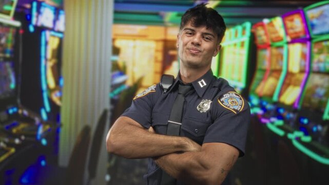 Man police officer flexing biceps and crossing arms with badge and radio mic visible among slot machines inside casino building; confidence duty.