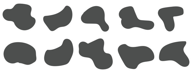 Fototapeta premium Random shapes. Black blobs, round abstract organic shape collection. Pebble, drops and stone silhouettes. Blotch, abstract elements graphic flat style design fluid vector illustration set.