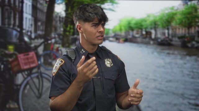 Young police officer man gesturing with hands and speaking, badge and radio visible on canal street by bicycles and water; concern duty.