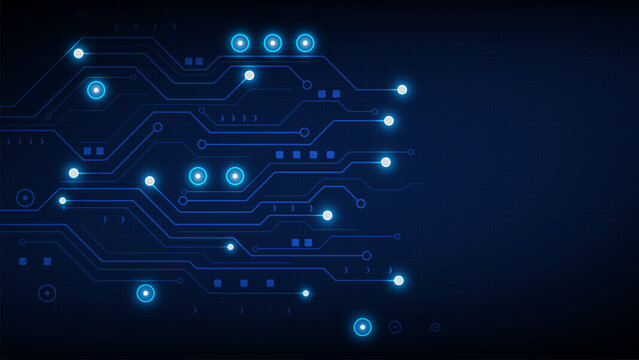 Blue digital technology circuit board background with glowing nodes and empty space