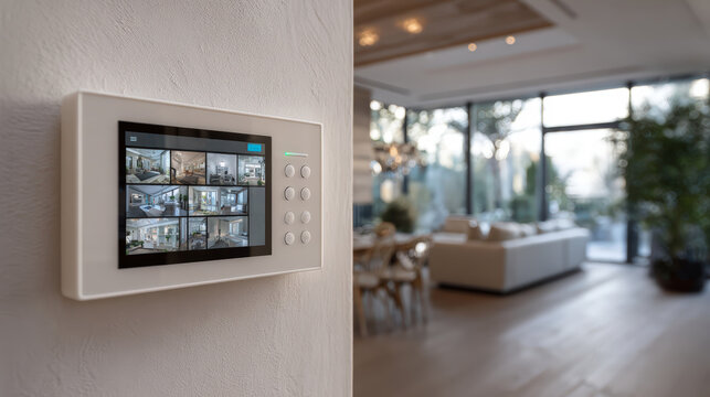 Modern smart home security control panel mounted on a white wall, touchscreen interface showing camera feeds and alarm status, interior design for residential automation and everyday digital safety.