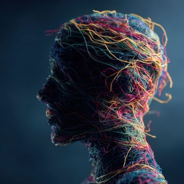 Human head silhouette filled with tangled colorful threads being gently untangled by hands representing mental clarity perfect for psychology therapy treatment mental health concept.