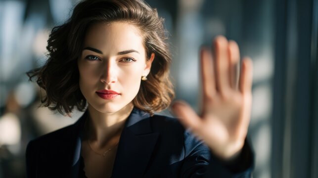 Professional businesswoman in modern office confidently raising hand in stop gesture with assertive body language. Workplace boundaries self respect empowerment and professional dignity concept.