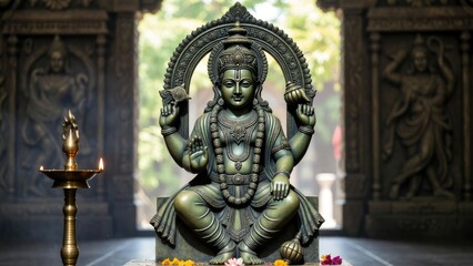 Fototapeta premium Divine presence of hindu god vishnu temple setting sculpture spiritual atmosphere close-up view