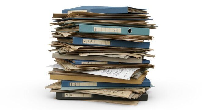 A disorganized stack of old, worn folders and papers on a plain white background