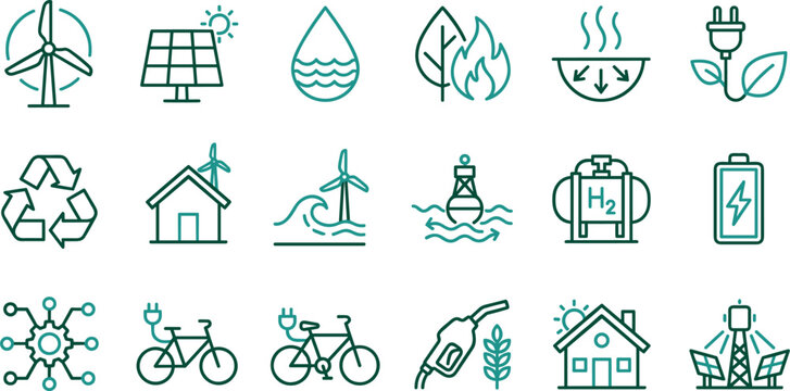 Renewable Green Energy and Sustainability Icon Set Featuring Wind Solar Hydro Biomass Geothermal Hydrogen Fuel Cell Electric Bicycle and Eco House Outline Vectors