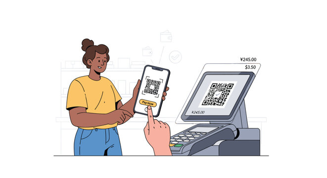 A woman scans a QR code from her smartphone screen onto a retail point-of-sale terminal to complete a financial transaction in a clean, minimalist store environment.