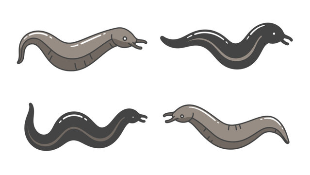 Set of four cartoon leeches in different colors and poses, isolated on a white background.