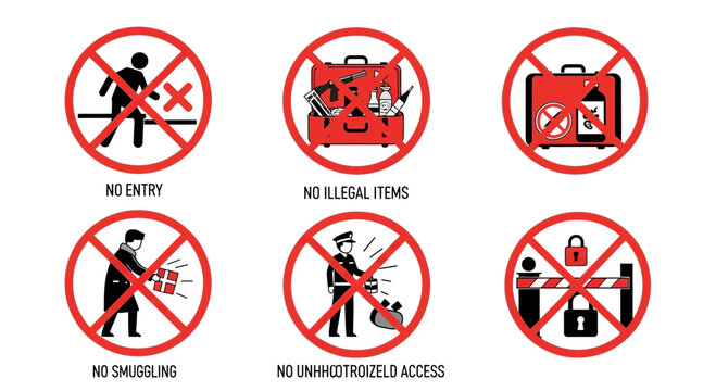Security Warning Signs: No Entry, Illegal Items, Smuggling, Unauthorized Access
