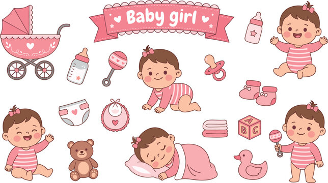 Cute baby girl shower element set with cartoon character in different poses stroller bottle rattle pacifier and toys vector illustration isolated on white background