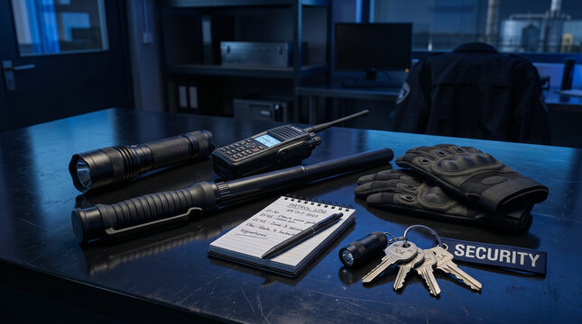 Security guard equipment on a desk including flashlight, radio, baton, notepad, pen, gloves, and keys