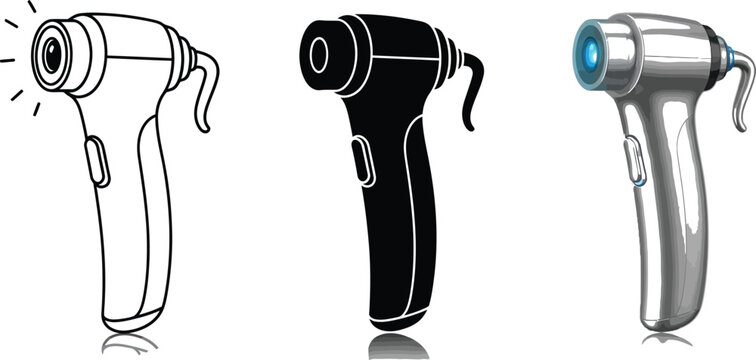 Set of otoscope icons in different styles including line art silhouette and realistic 3D rendering for medical and diagnostic concepts