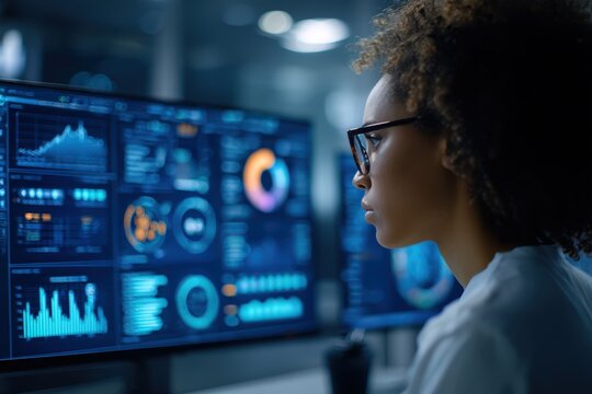 Female data scientist reviewing ai bias detection dashboard with fairness metrics and diverse demographic charts representing responsible ai development and algorithmic fairness governance.