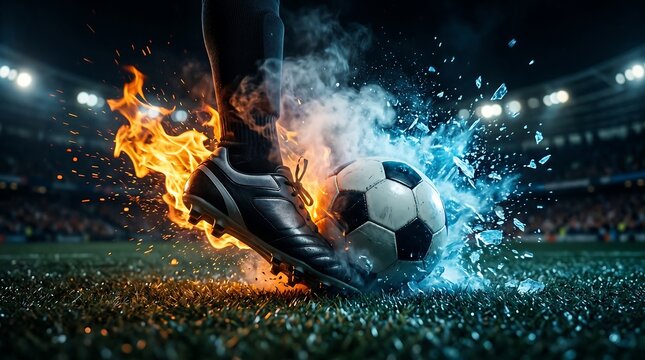 Soccer player kicks ball with fire and ice