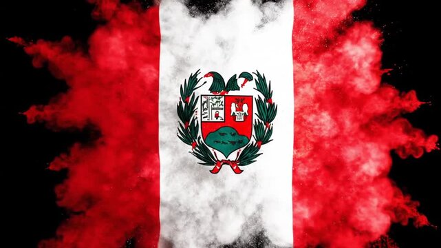 A stylized abstract of a flag bursting from clouds with red and white color palette