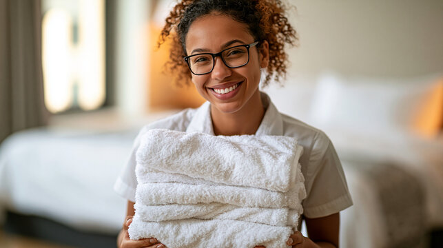 Jovem camareira brasileira sorridente segurando toalhas brancas limpas no quarto de hotel. Conceito de hospitalidade e servi&ccedil;o de limpeza