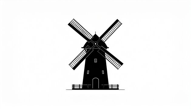 A black silhouette of a traditional windmill standing alone in a rural landscape with blades and a fence.