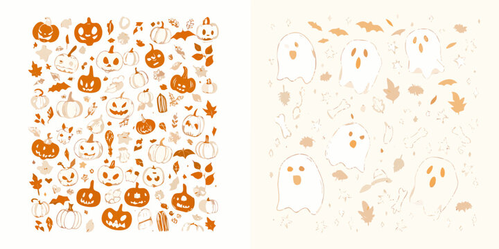 Halloween pumpkin and ghost pattern with autumnal leaves vector illustration