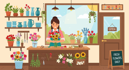 Obraz premium Smiling Florist Arranging Bouquet of Sunflowers and Roses in Flower Shop
