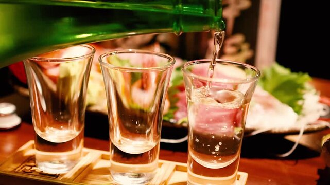 Pouring Japanese Sake into a Glass with Sashimi Platter Background