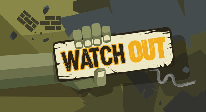 Zombie Hand Holding "WATCH OUT" Sign in Destroyed Cityscape