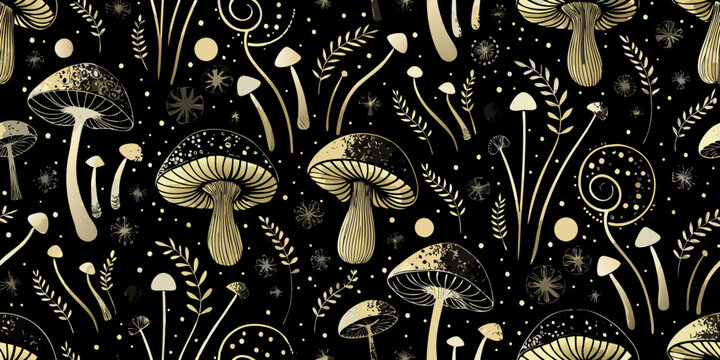 Golden Mushroom Pattern A Detailed Vector Illustration On Black